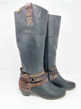 Pikolinos Verona Riding Boots Knee High Navy Blue Brown Buckle Side Zip Size 39